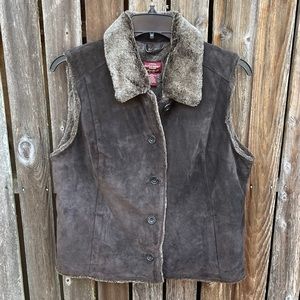 Eddie Bauer Chocolate Brown Seattle Suede Leather Vest Faux Fur L